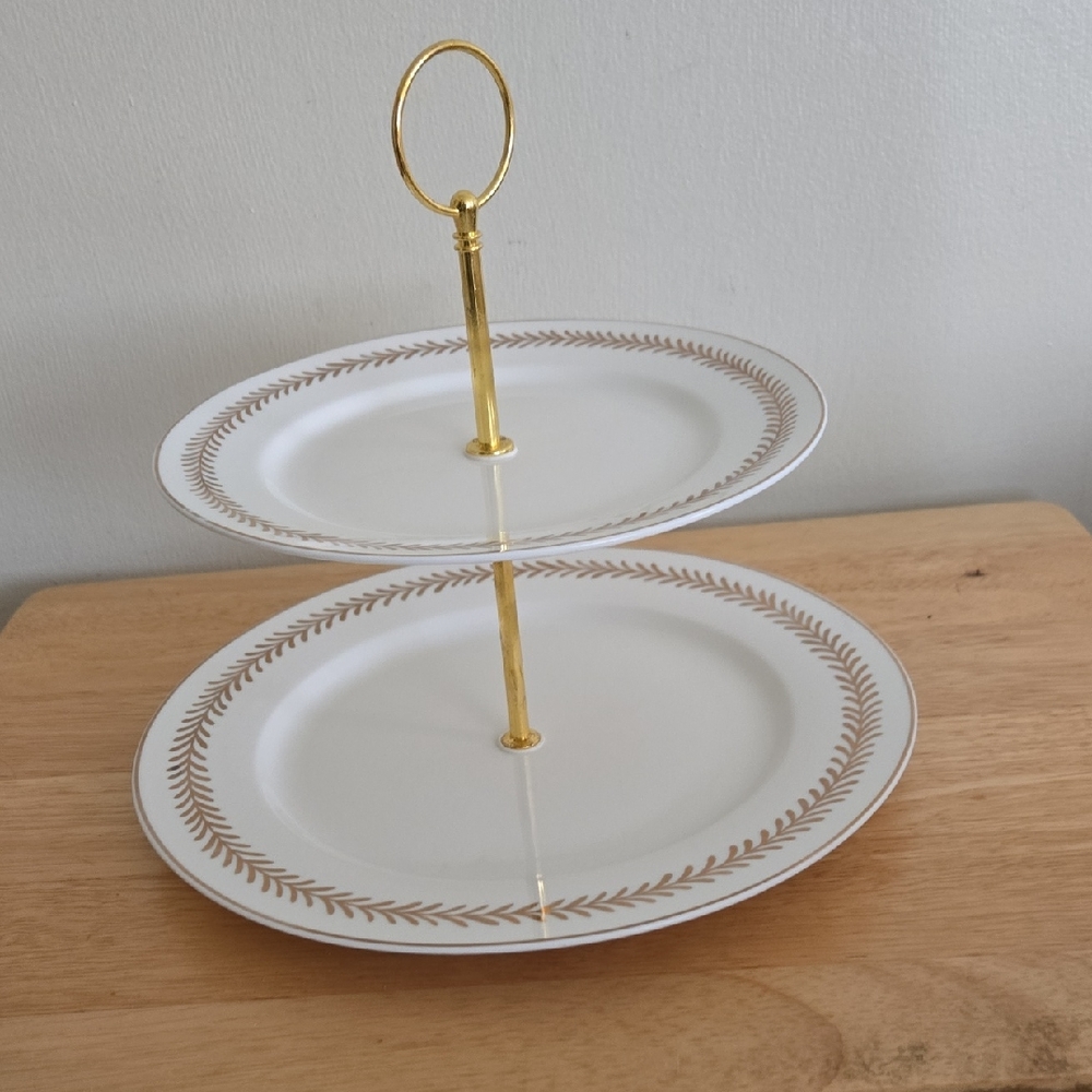 Grace Teaware Elegant Two-Tier Gold and White Serving Stand